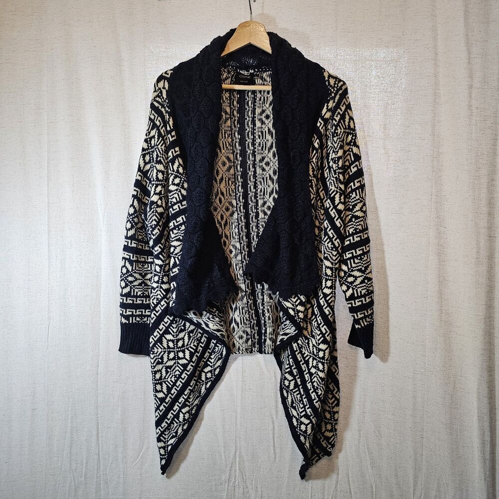 Cliche' Couture Wool Blend Navy Blue Ivory Knit Open Front Cardigan Womens Large